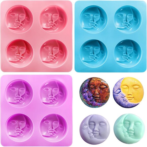 Other - 3 Pack Sun & Moon Silicone Soap Molds, 4 Cavity Sun & Moon Face Soap Molds, Cres